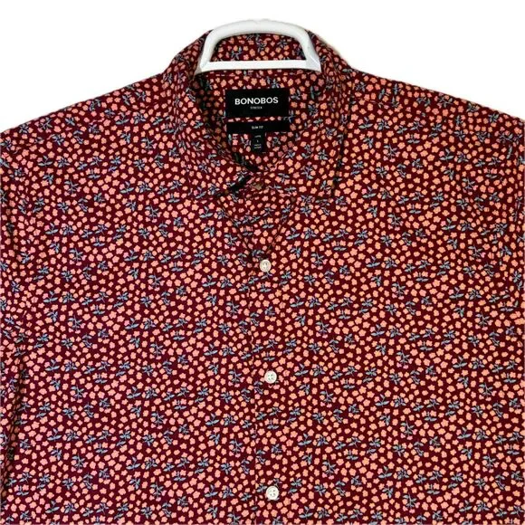 Bonobos Men Shirt Large Red Floral Stretch Slim Fit Short Sleeve Button-Up M528 - Picture 3 of 13